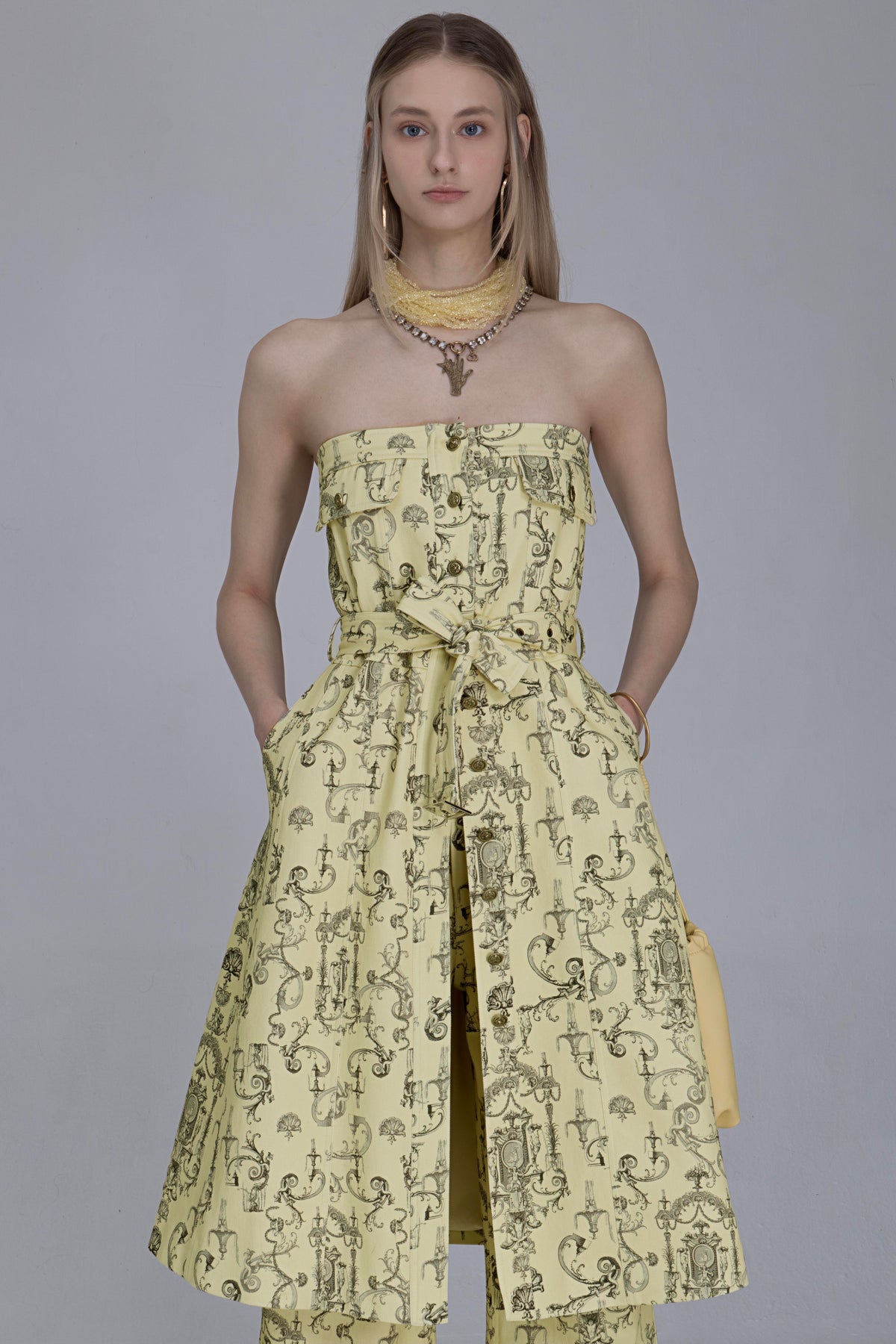 Yellow Rococo Print Denim Dress