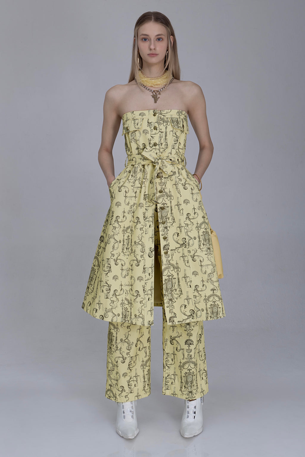 Yellow Rococo Print Denim Dress
