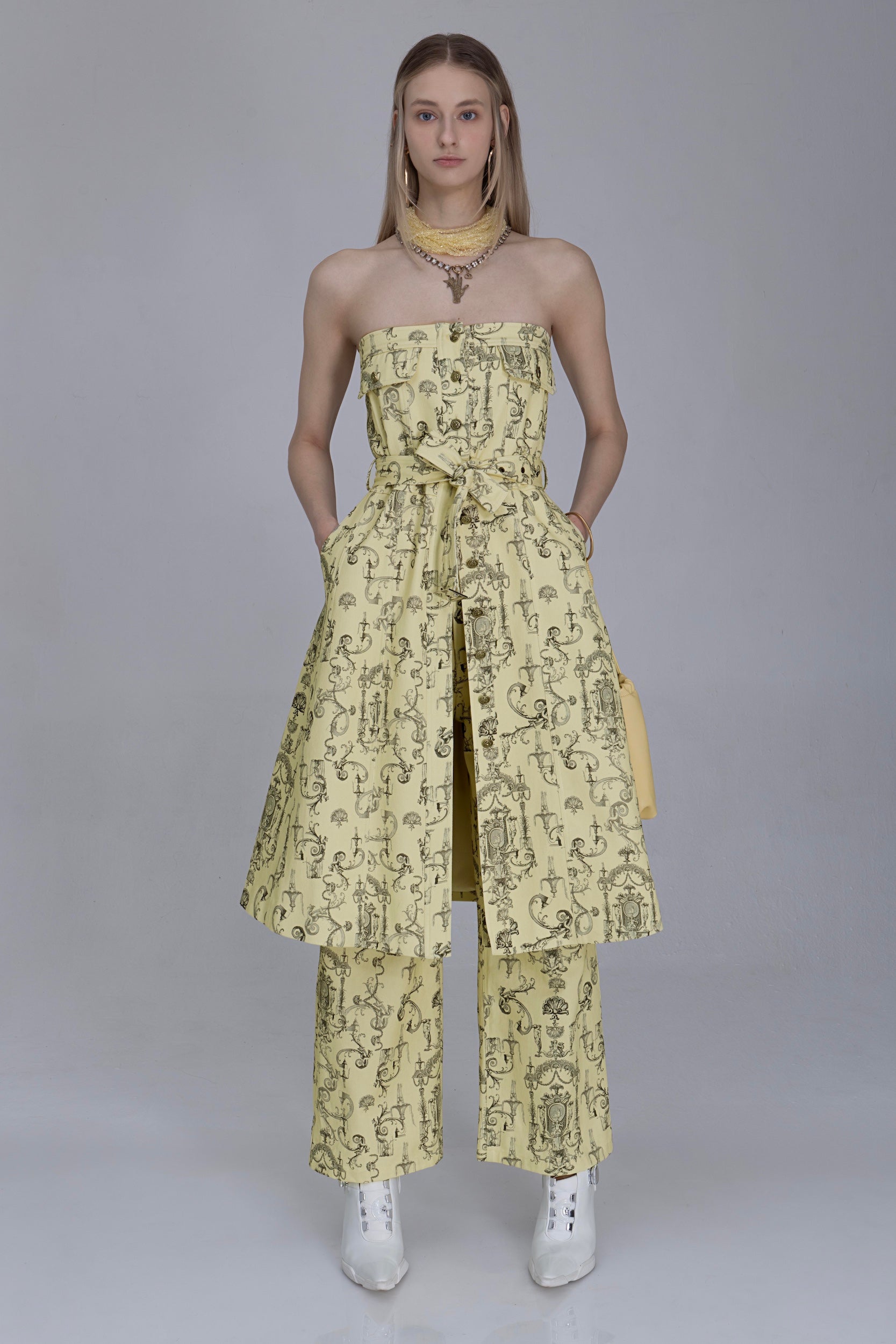 Yellow Rococo Print Denim Dress