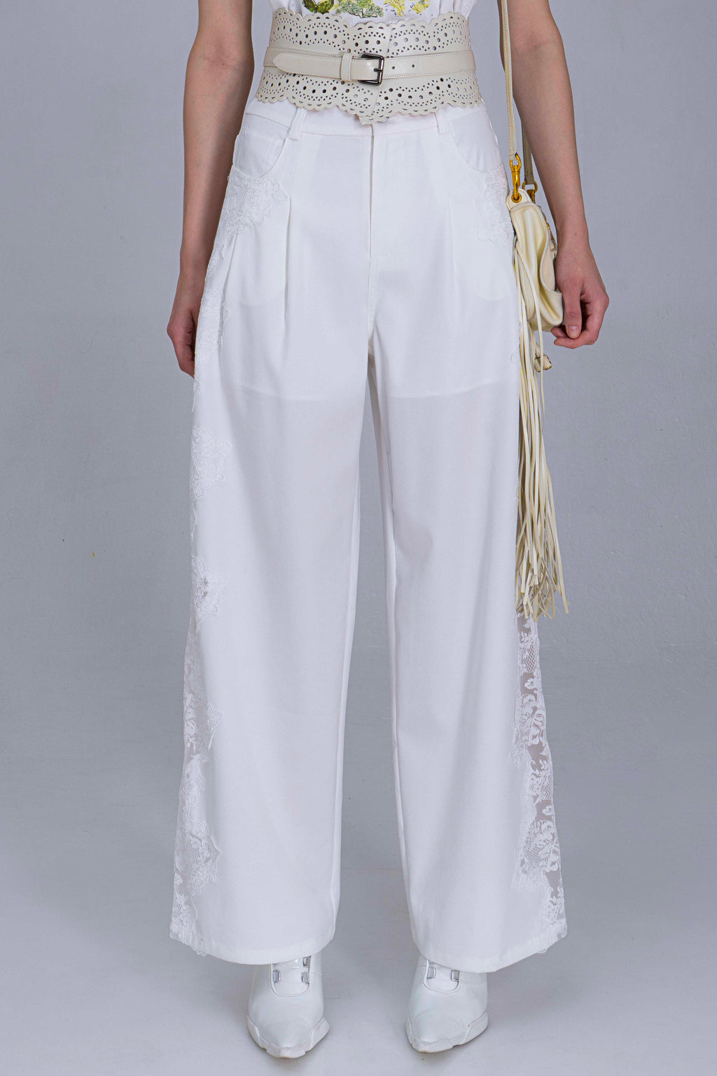 Wide Legged Pants With Scallop Lace On Side