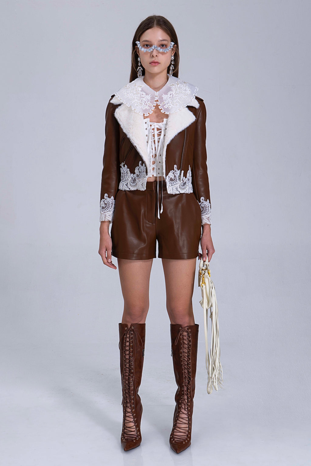 Brown Quilted Faux Leather Jacket With Lace