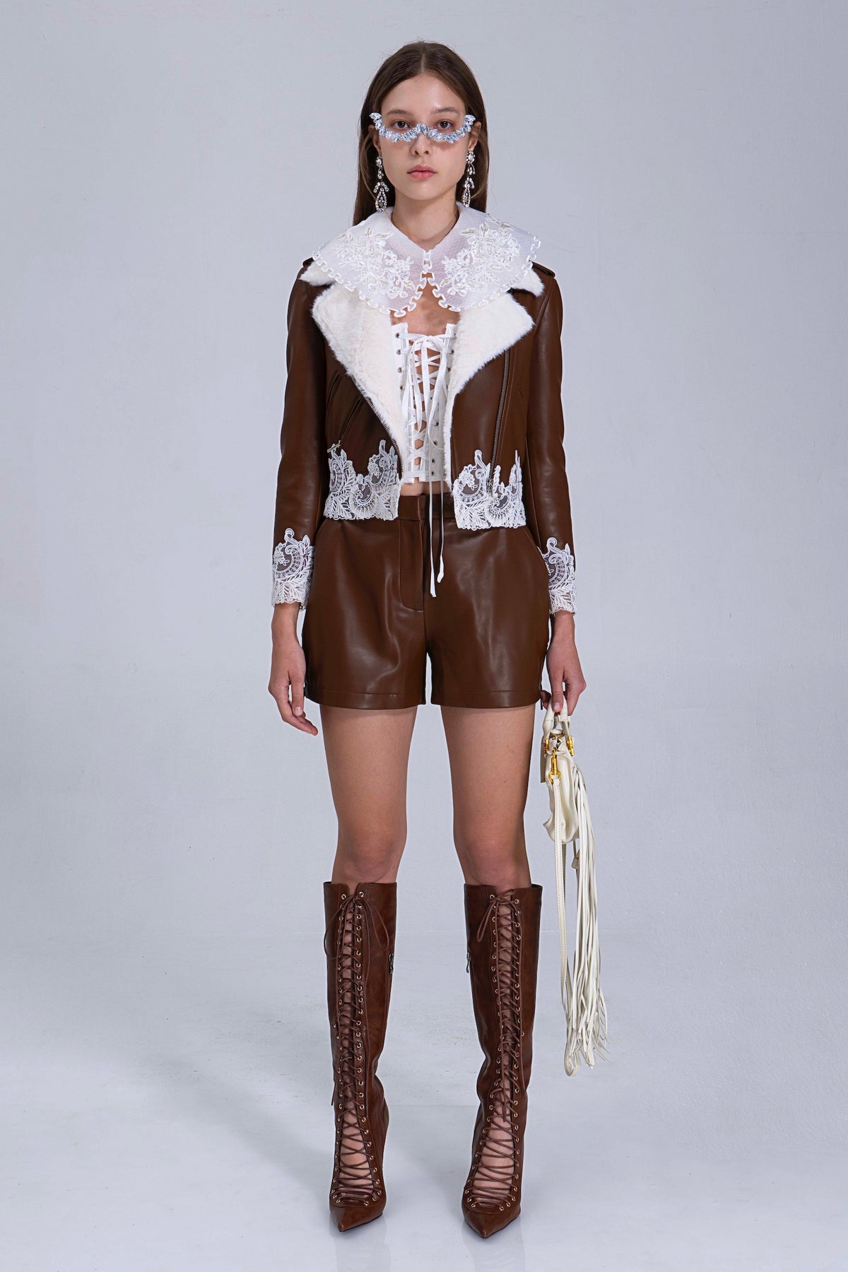 Brown Quilted Faux Leather Jacket With Lace