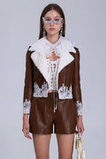 Brown Quilted Faux Leather Jacket With Lace