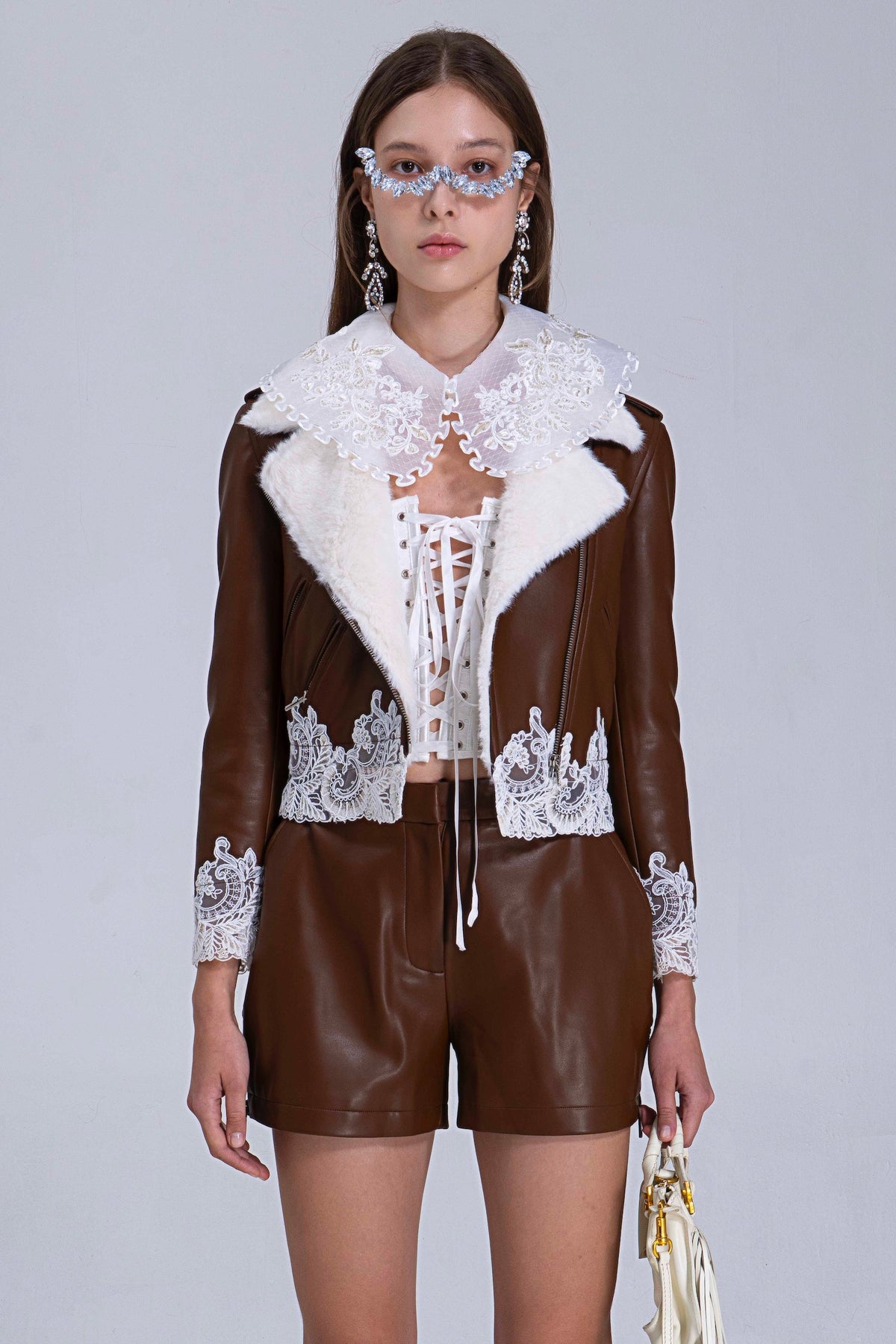 Brown Quilted Faux Leather Jacket With Lace