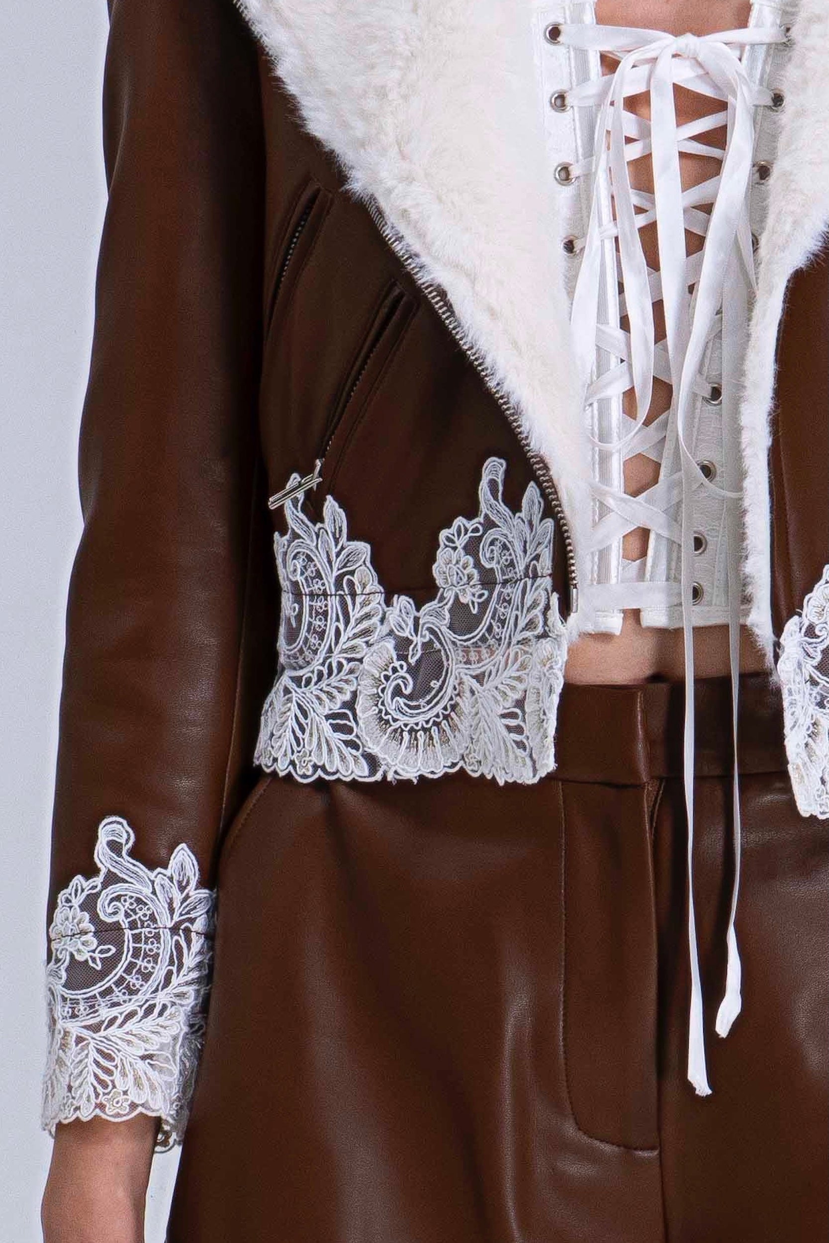 Brown Quilted Faux Leather Jacket With Lace