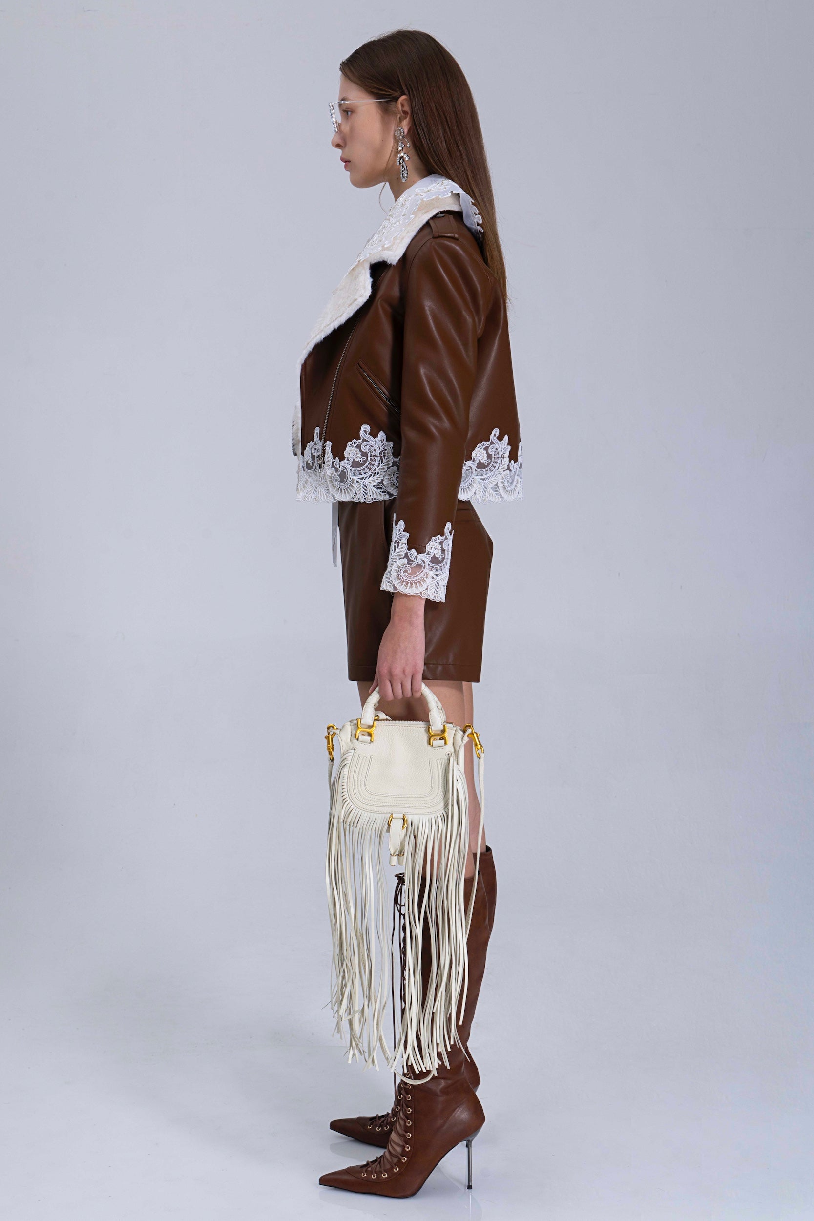 Brown Quilted Faux Leather Jacket With Lace