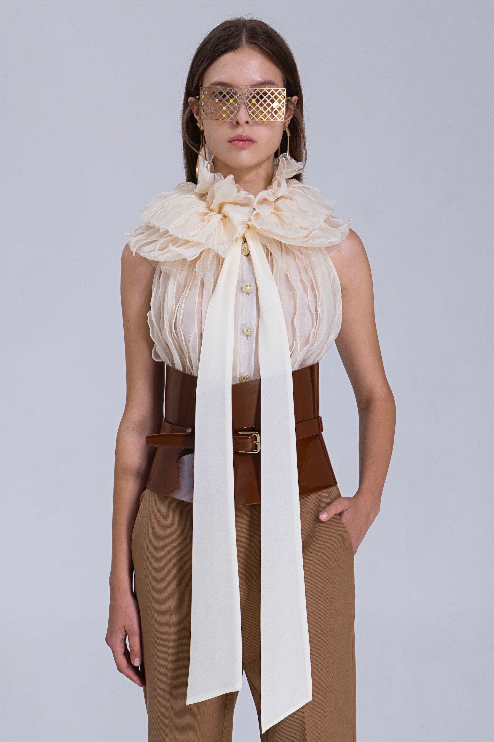 Tiered Chiffon Blouse With Tie