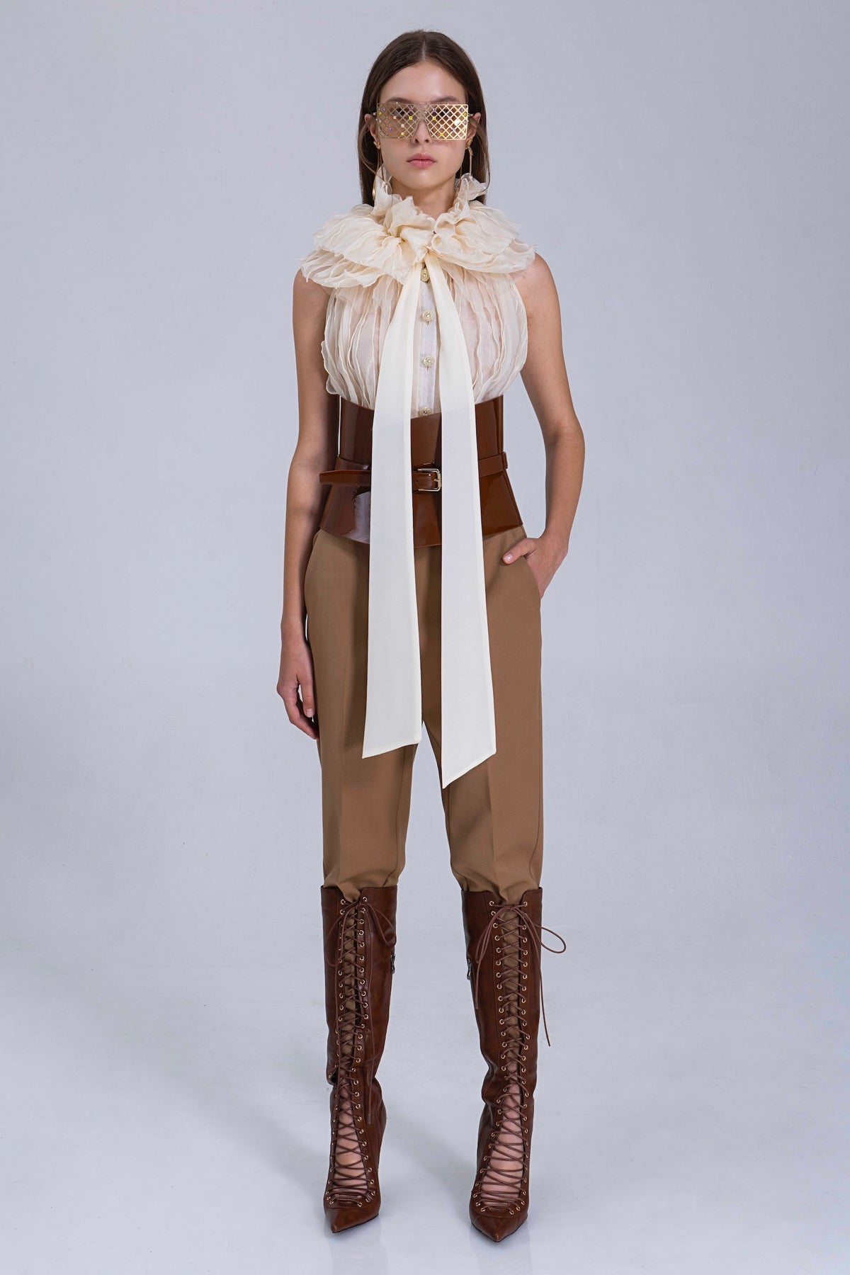 Tiered Chiffon Blouse With Tie