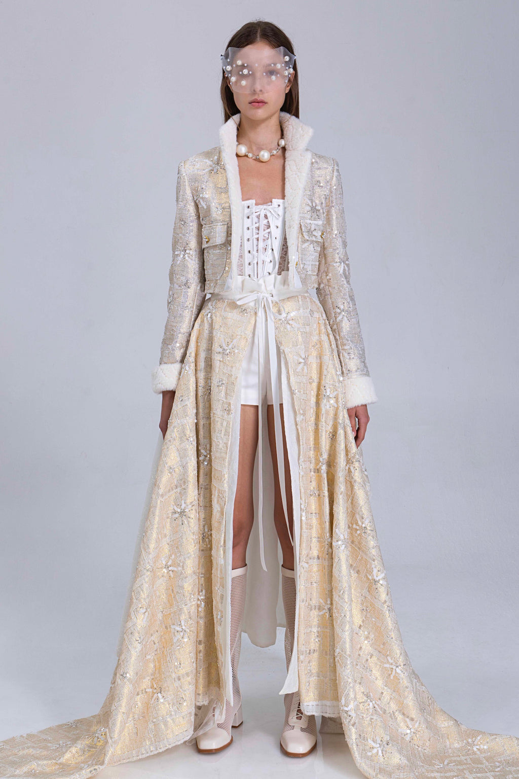 Gold Laminated Beaded Jacket With Faux Fur