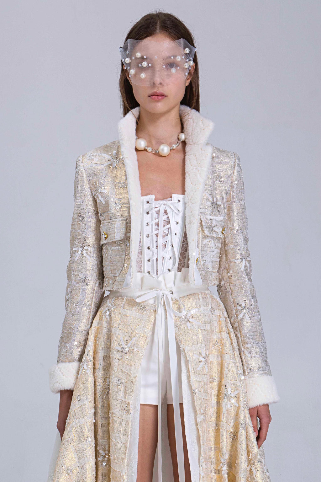 Gold Laminated Beaded Jacket With Faux Fur