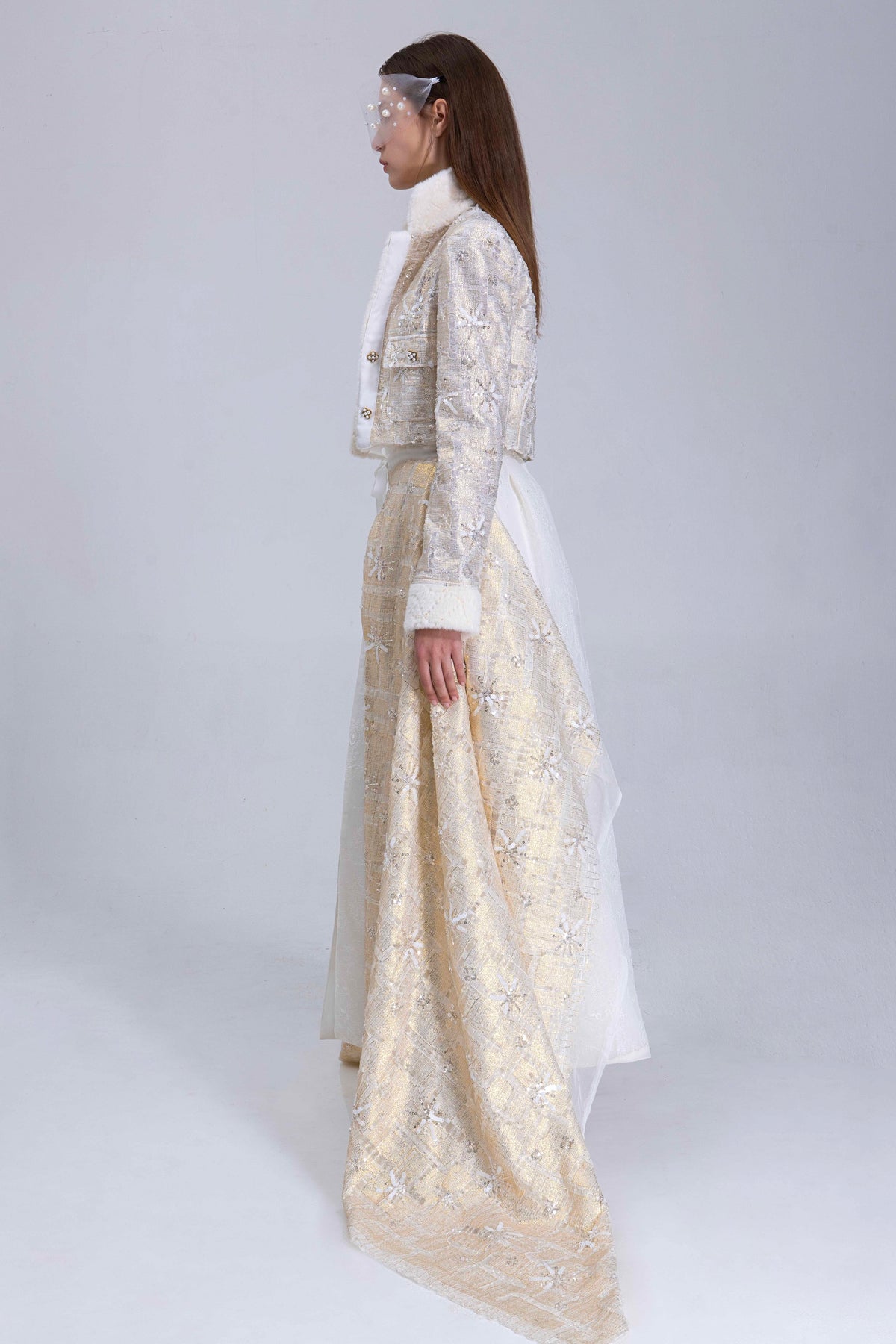 Gold Laminated Beaded Jacket With Faux Fur