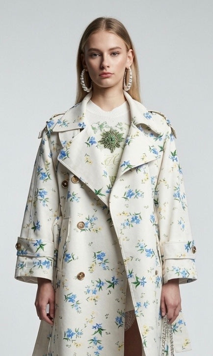 Floral Printed Trench With Dimante