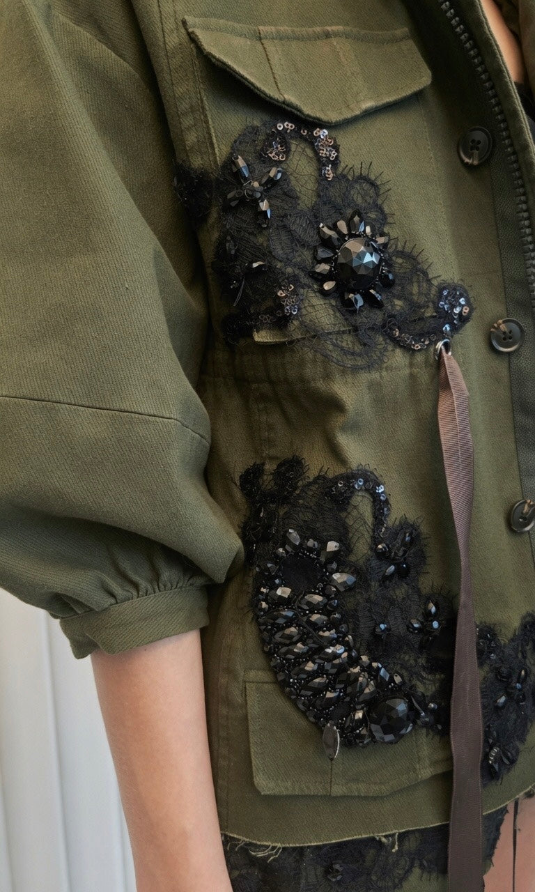 Army Green Signature Beaded Jacket With Fur