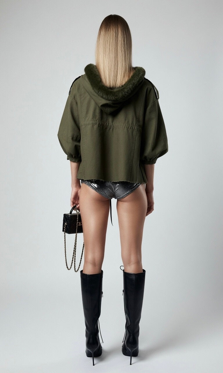 Army Green Signature Beaded Jacket With Fur
