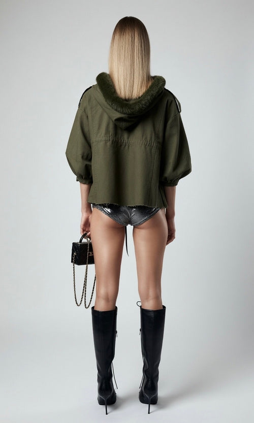 Army Green Signature Beaded Jacket With Fur