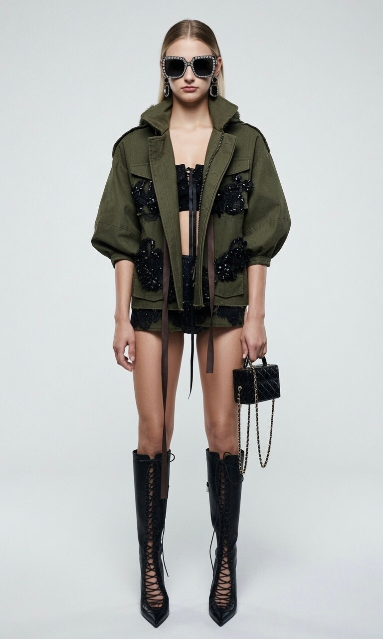 Army Green Signature Beaded Jacket With Fur