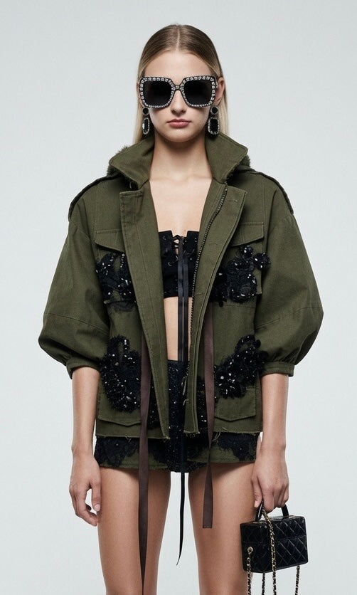 Army Green Signature Beaded Jacket With Fur