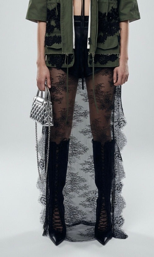 Black Long Lace Skirt With Leather Shorts