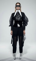 Black Leather Jacket With Organza Sleeves