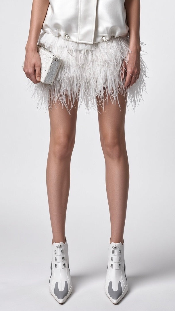 White Feather-Textured Mini Skirt