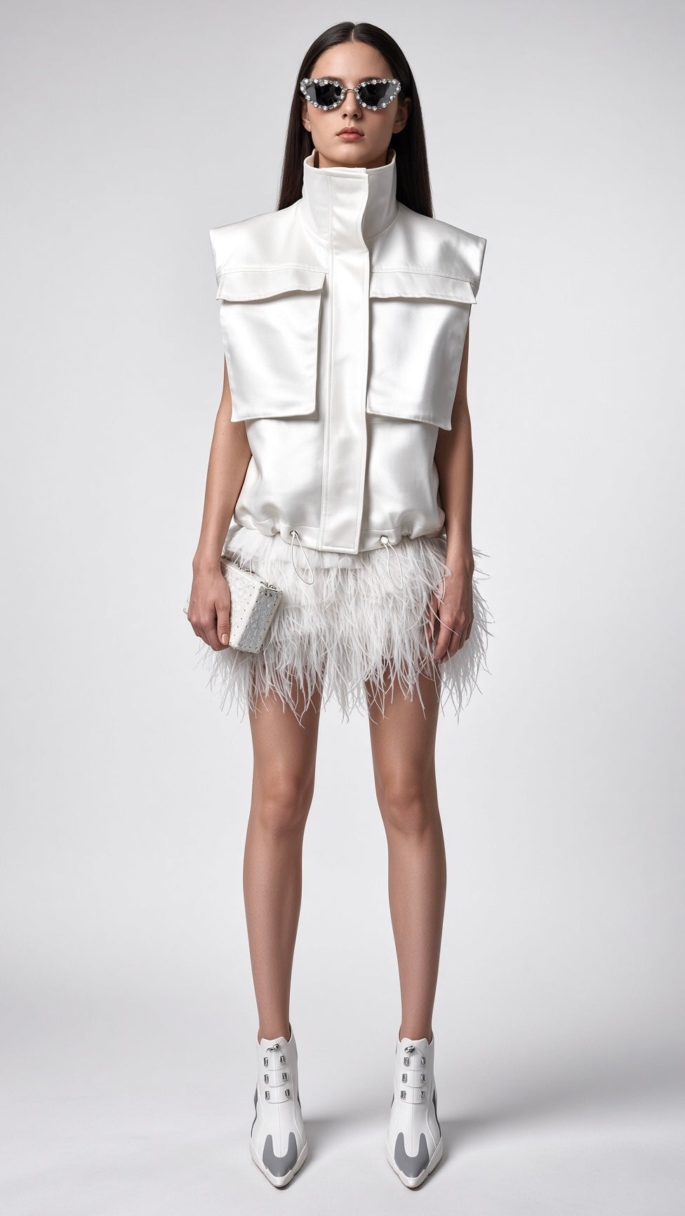 White High-Neck Utility Vest