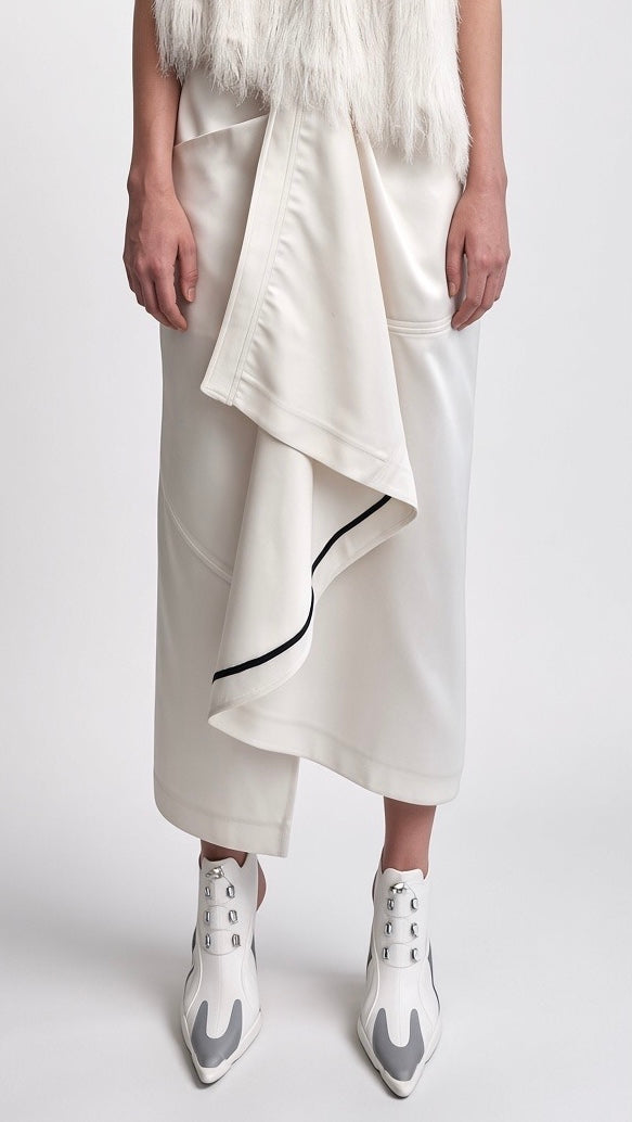 White Asymmetric Draped Midi Skirt