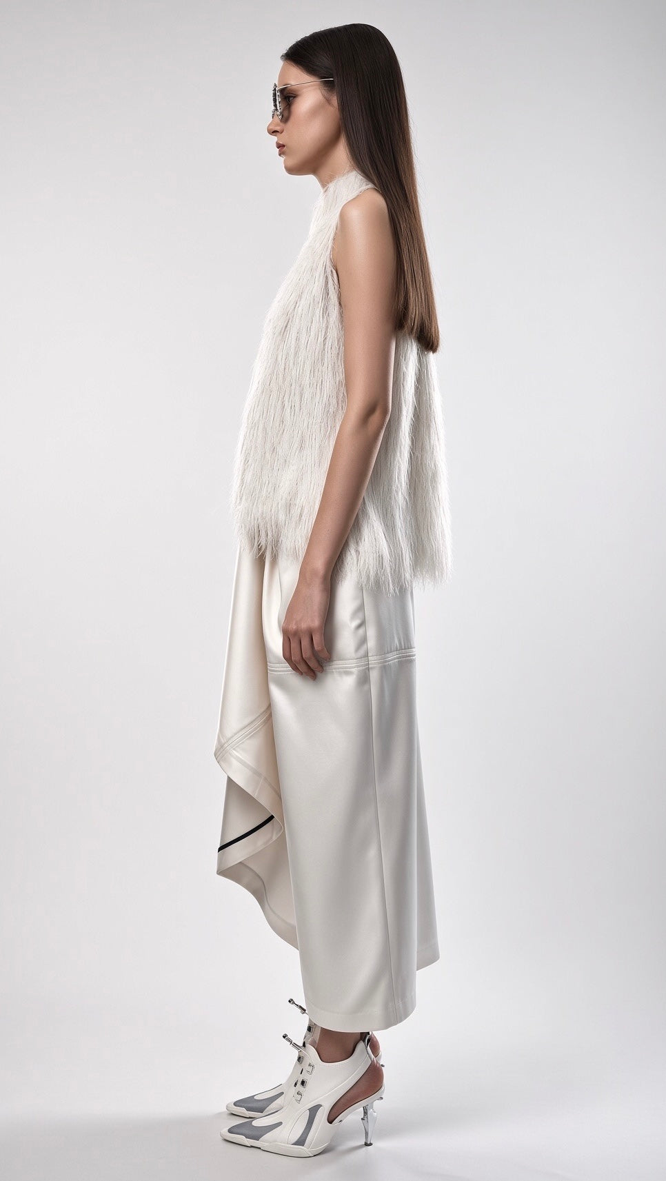White Asymmetric Draped Midi Skirt