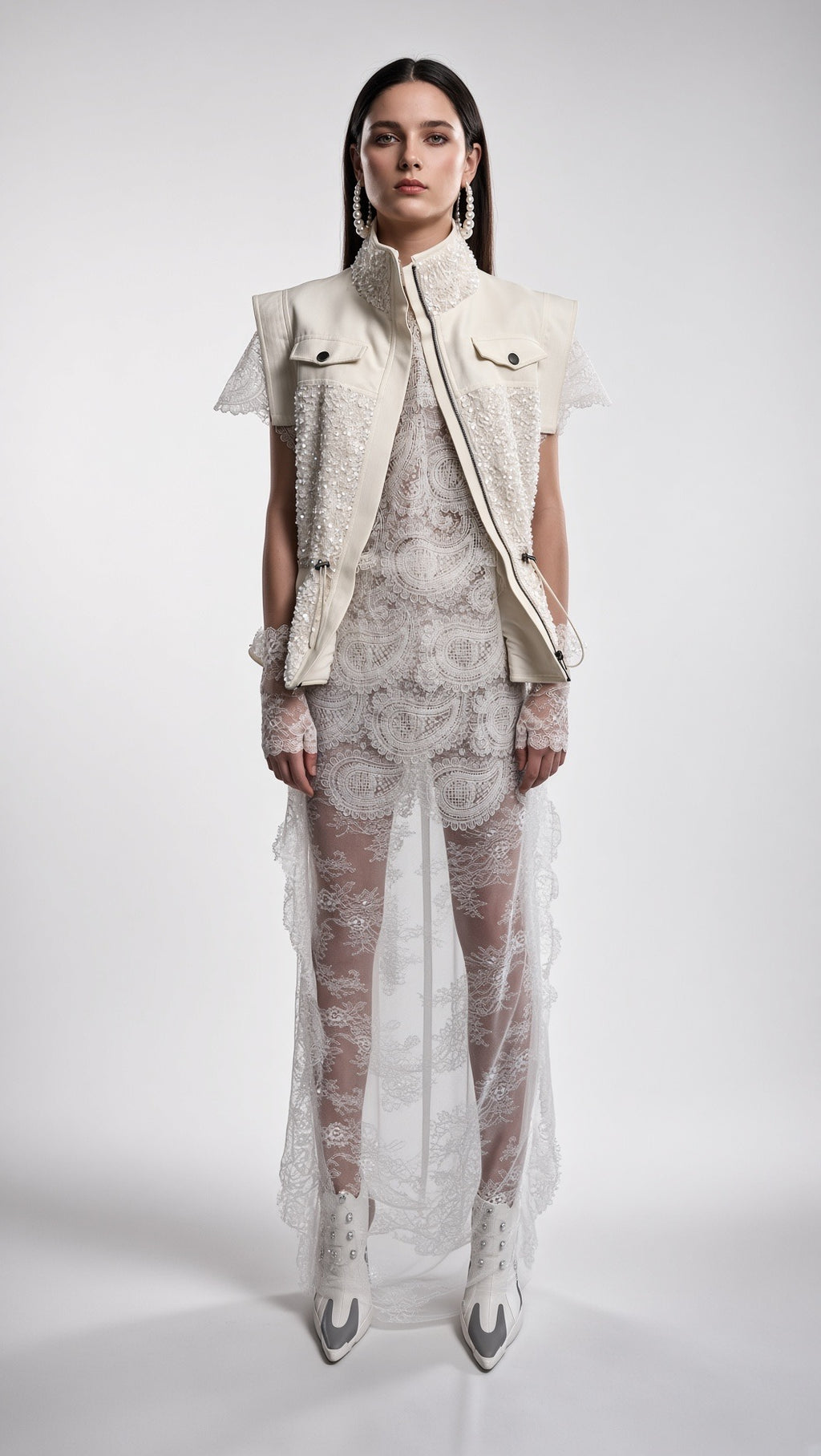 White Embellished Vest & Lace Set