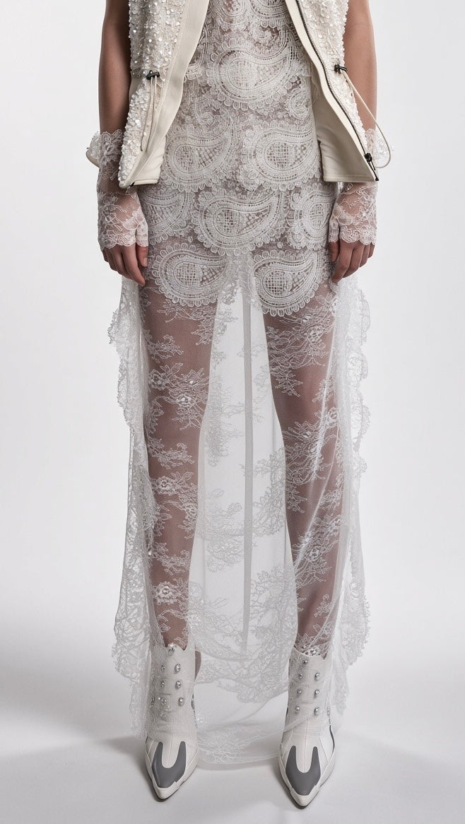 White Sheer Floral Lace Maxi Skirt