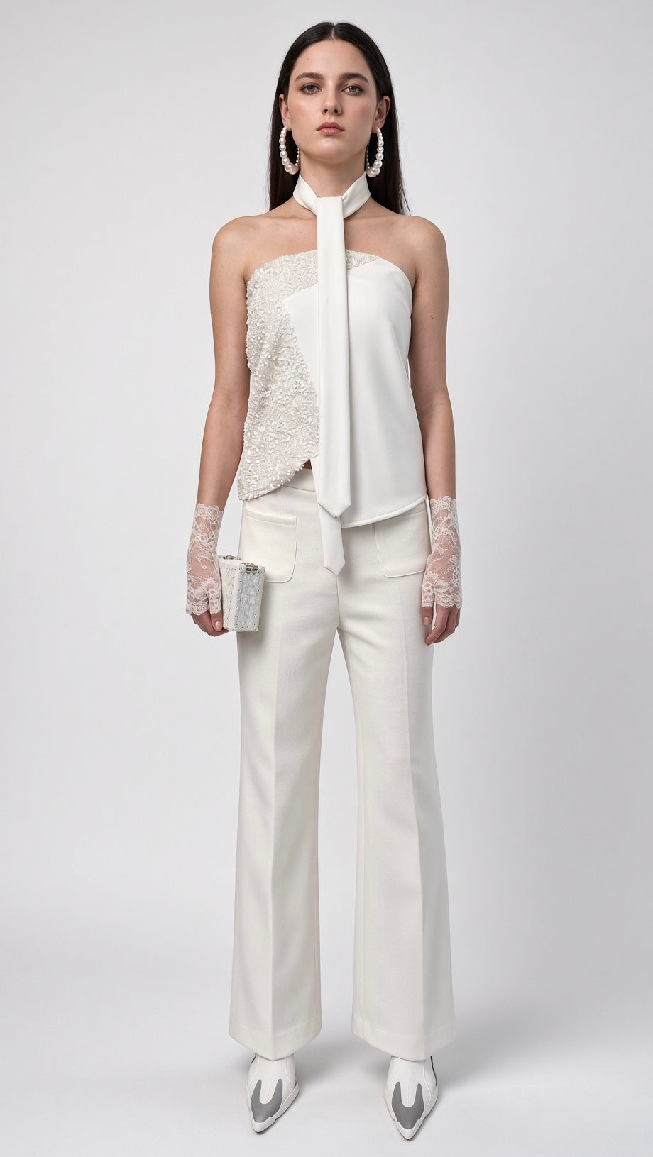 White Strapless Embellished Top with Tie