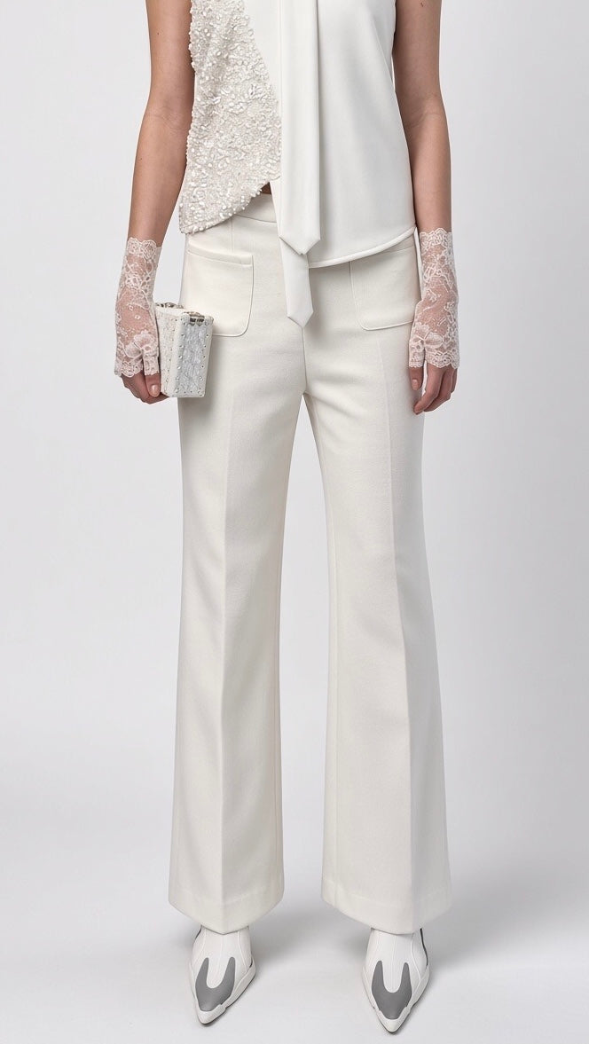White Flared Trousers with Patch Pockets