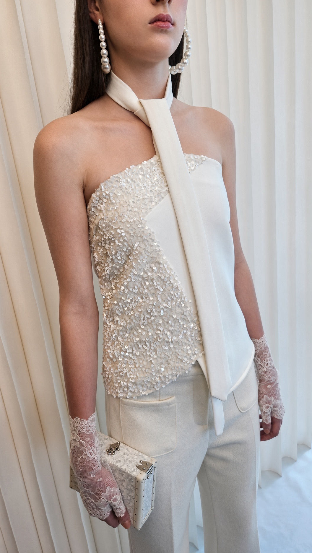 White Strapless Embellished Top with Tie