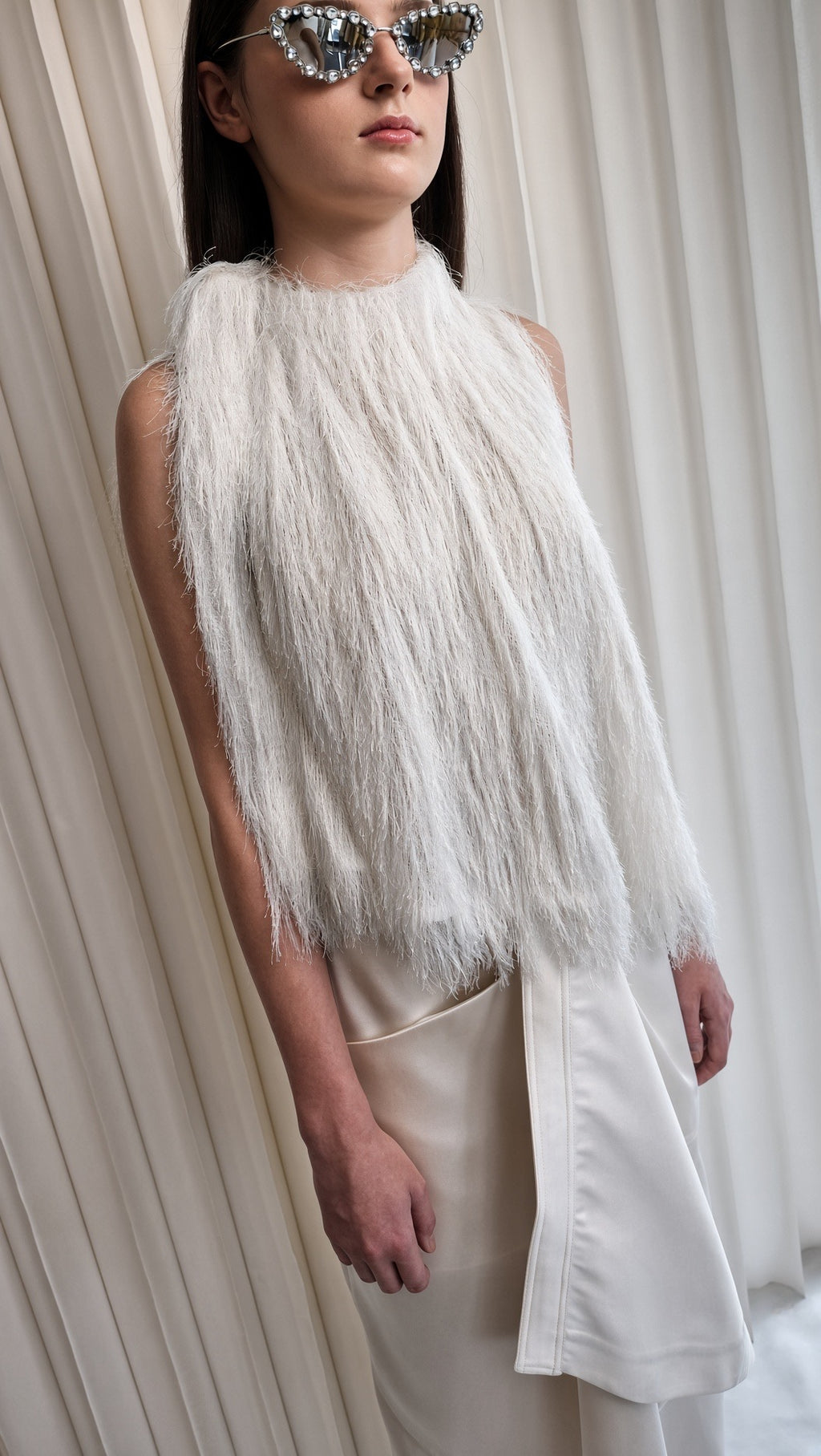 White Asymmetric Draped Midi Skirt