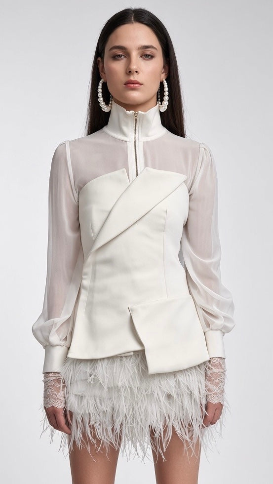 White Sculptural Sheer-Sleeve Top