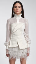 White Sculptural Sheer-Sleeve Top