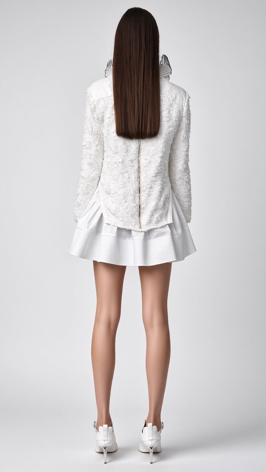 White Textured High-Neck Long-Sleeve Knit Dress