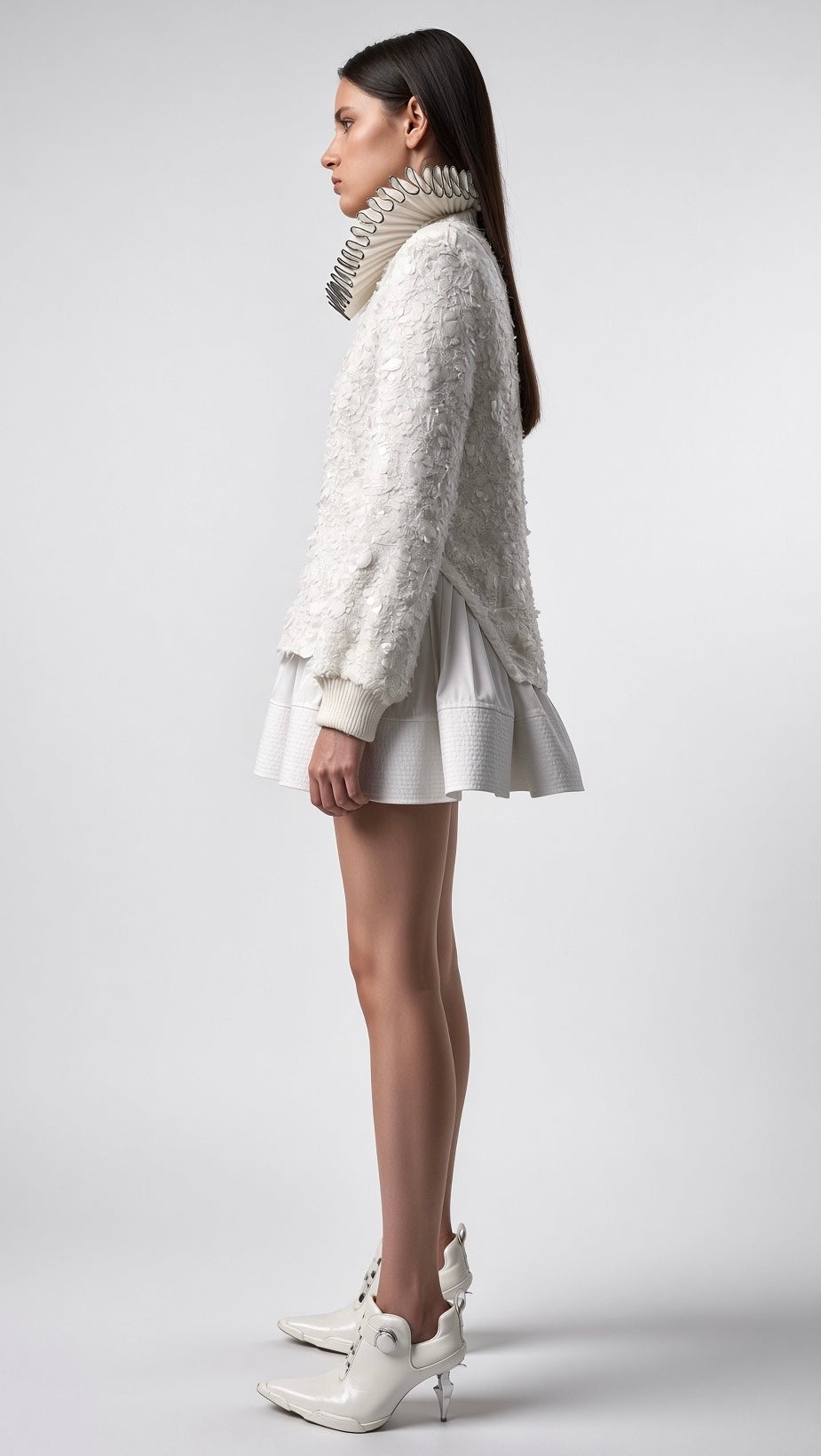 White Textured High-Neck Long-Sleeve Knit Dress