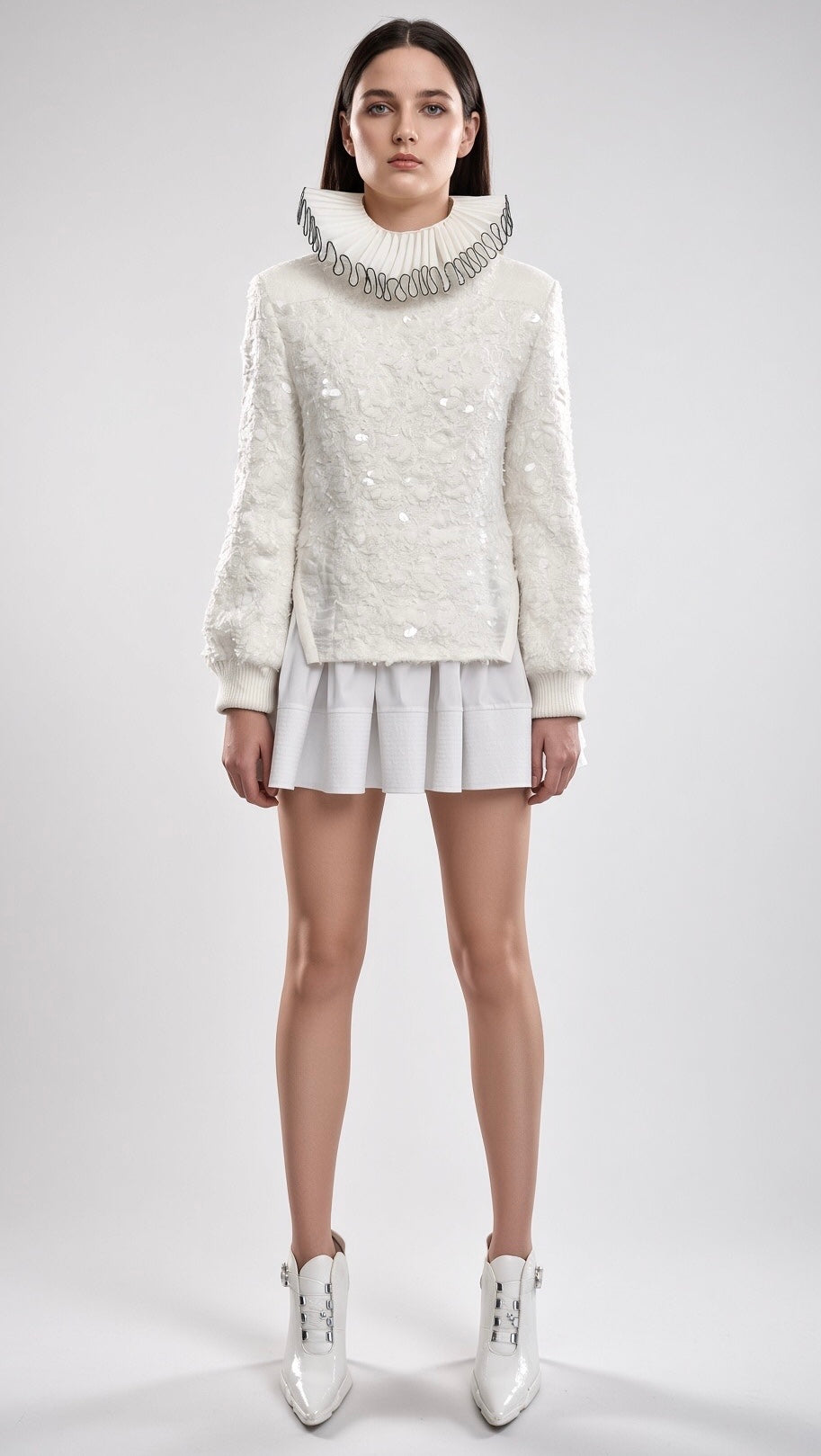 White Textured High-Neck Long-Sleeve Knit Dress