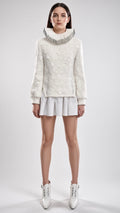White Textured High-Neck Long-Sleeve Knit Dress