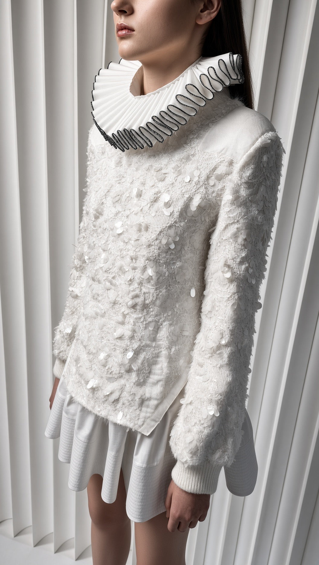 White Textured High-Neck Long-Sleeve Knit Dress