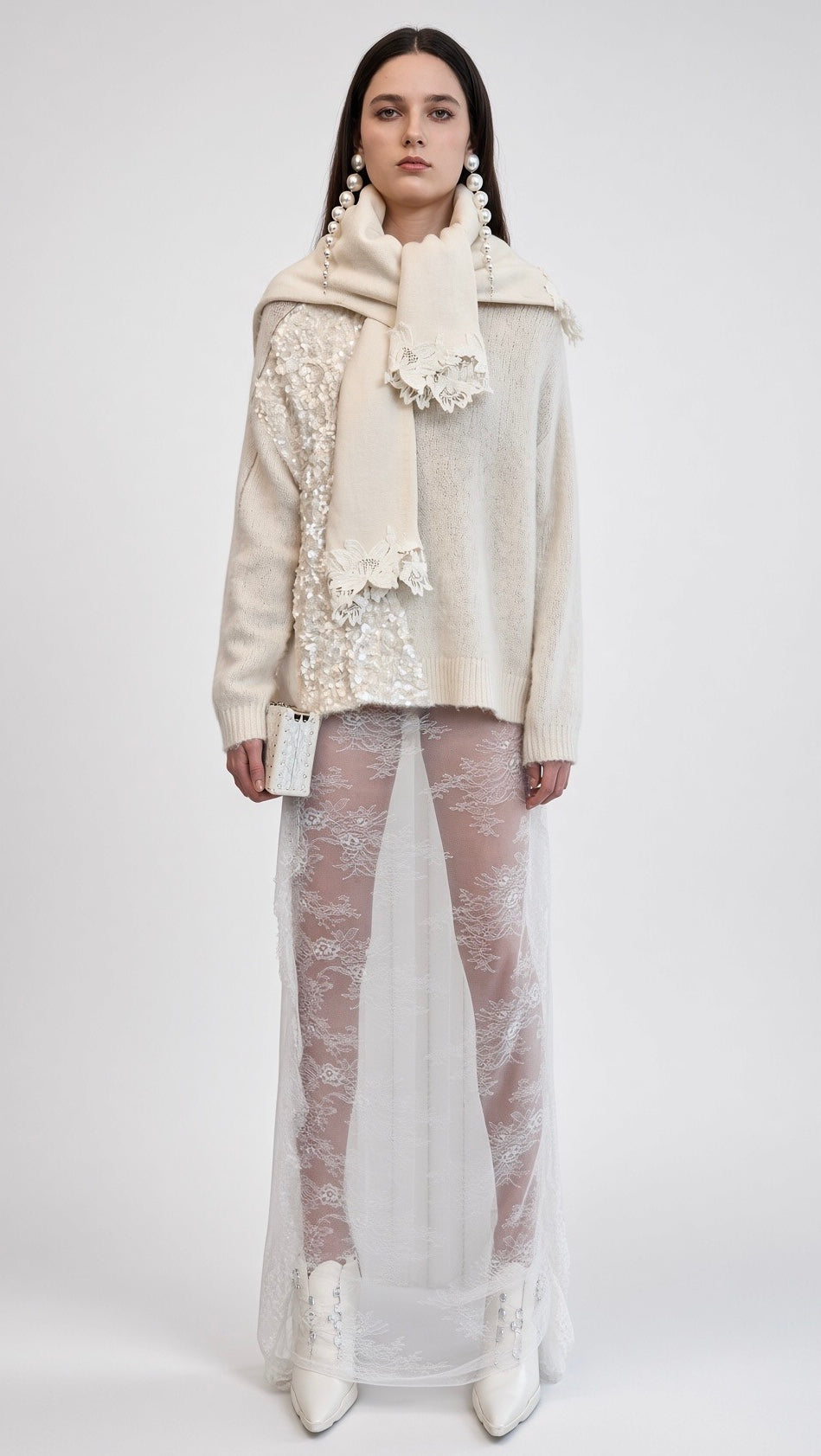 White Floral-Embellished Knit Sweater
