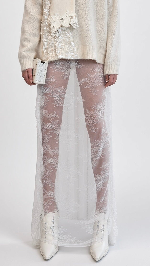 White Sheer Floral Lace Maxi Skirt