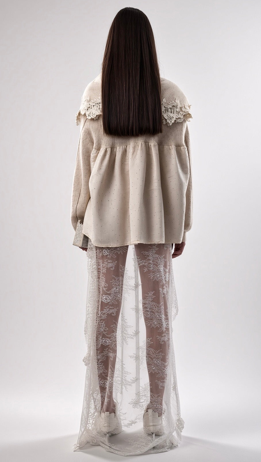 White Floral-Embellished Knit Sweater