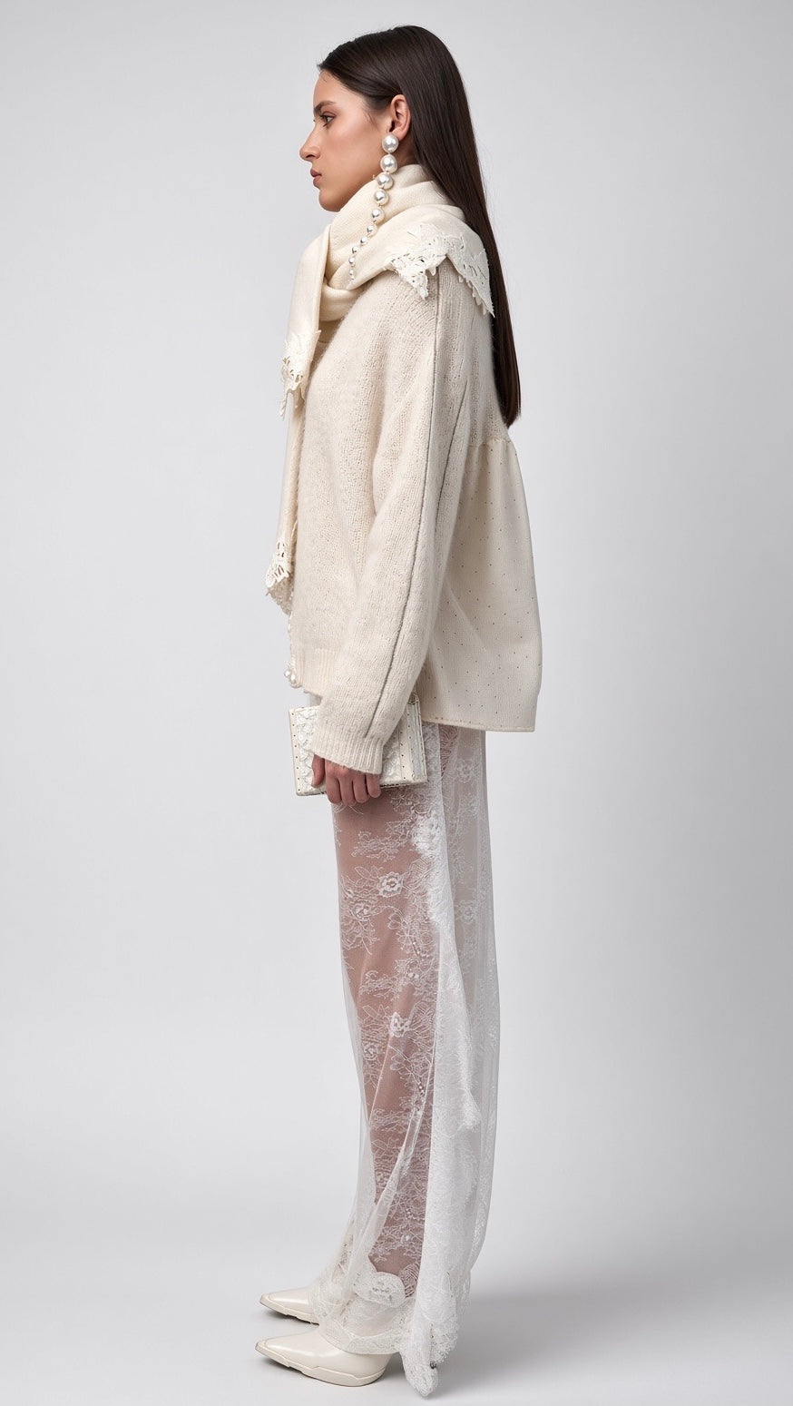 White Floral-Embellished Knit Sweater