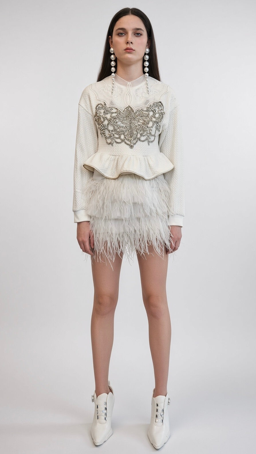 White Embellished Peplum Knit Top
