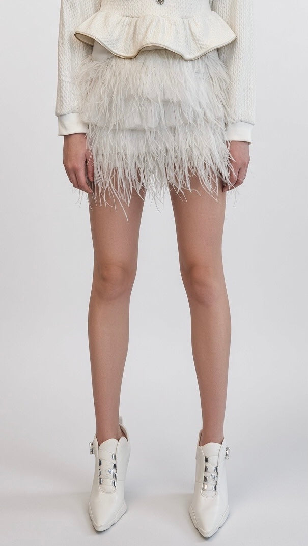 White Feather-Textured Mini Skirt