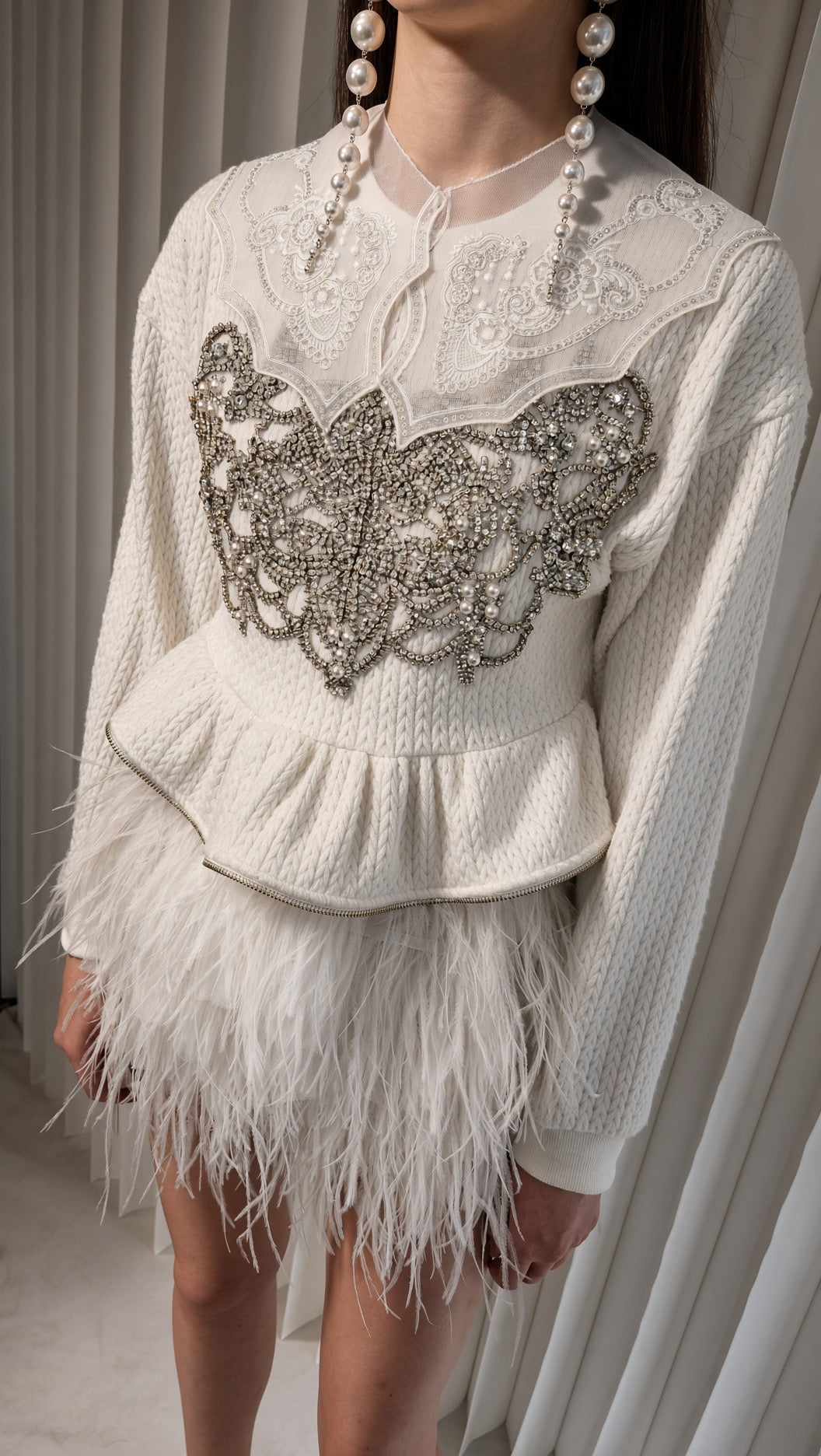 White Feather-Textured Mini Skirt