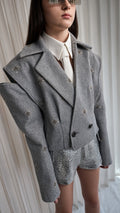 Grey Embellished Jacket & Metallic Shorts Set