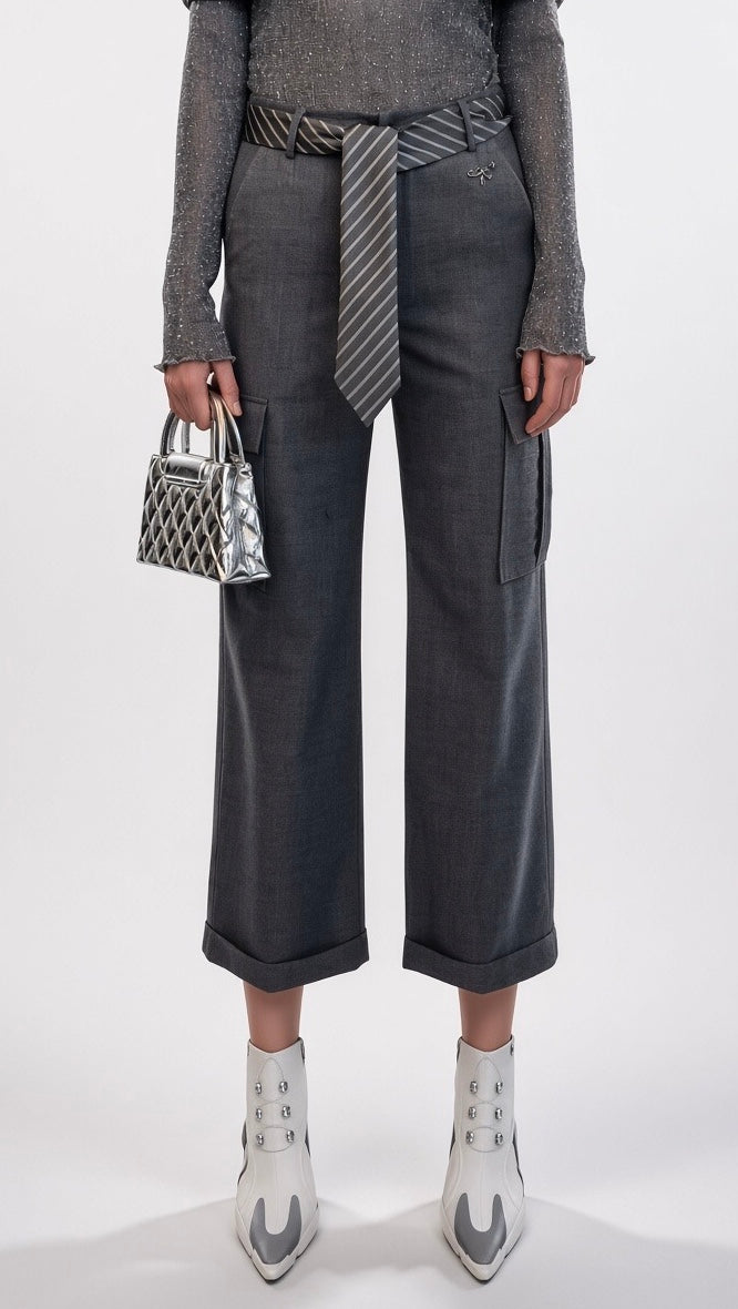 Charcoal Cropped Wide-Leg Cargo Trousers
