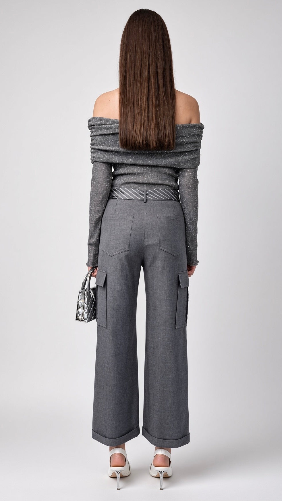 Charcoal Cropped Wide-Leg Cargo Trousers